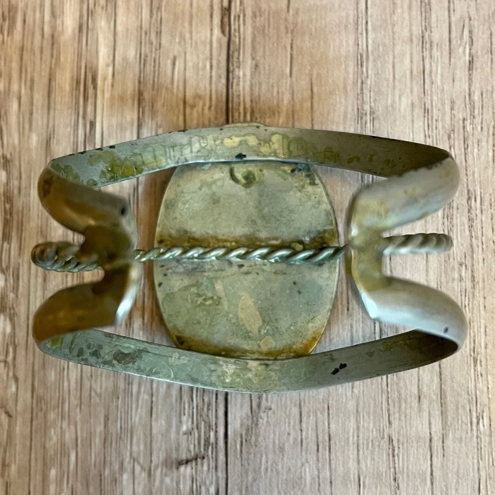 Zuni Turquoise and Coral Inlaid Stone Sterling Silver Bird Cuff Bracelet
